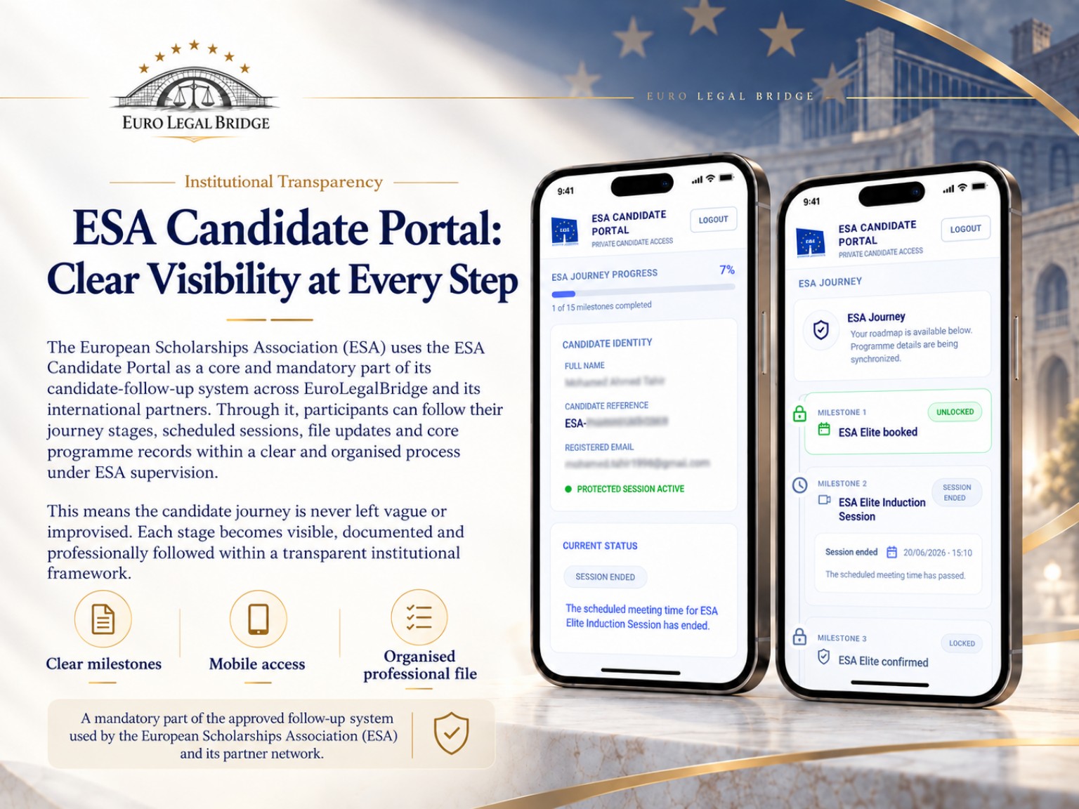 ESA Candidate Portal, showing the milestone roadmap and programme progress on mobile screens
